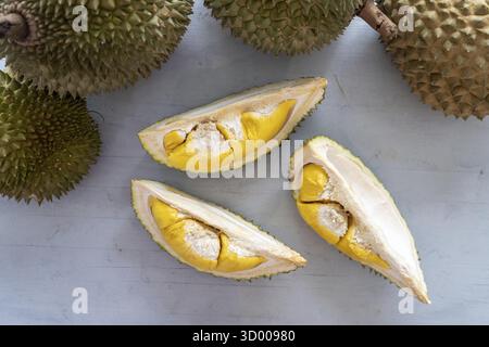 Famoso re di musang durian di frutti della Malesia, dolce carne cremosa dorata Foto Stock