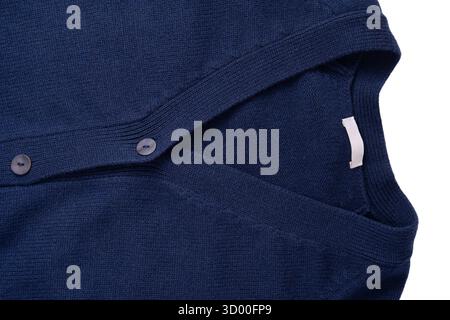 Cardigan in lana merino blu navy come sfondo. Vista dall'alto. Foto Stock