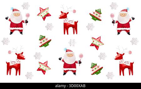 Modello natalizio senza interruzioni con Babbo Natale e icone delle festività Foto Stock