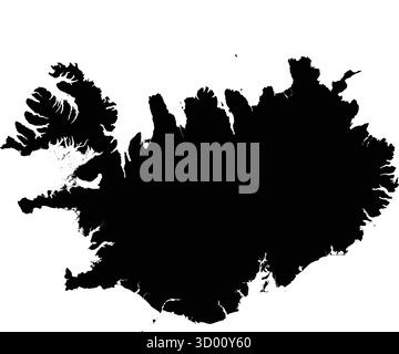 Mappa della silhouette vettoriale nera modificabile dell'Islanda, che mostra la sua costa irregolare e le penisole frastagliate su uno sfondo bianco. Illustrazione Vettoriale