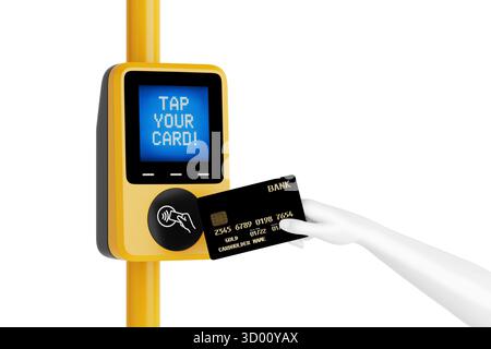 Concetto di pagamento intelligente. Tenendo a mano la carta bancaria che tocca il terminale di convalida biglietti dell'autobus giallo con schermo digitale, dettaglio estremo. Rendering 3d. Foto Stock
