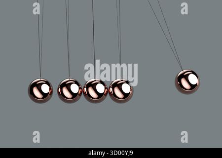 Sfere pendolari della culla Newton's Cradle in metallo dorato che oscillano avanti e indietro su Uno sfondo scuro. Rendering 3d. Foto Stock
