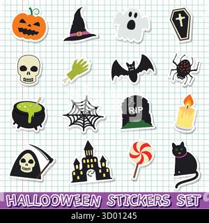Set di adesivi decorativi Halloween. Illustrazione vettoriale. Illustrazione Vettoriale