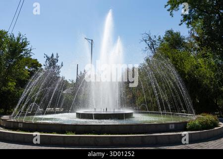 Elegante fontana circolare con alto getto centrale e ruscelli d'acqua circostanti in un parco verde sotto il cielo azzurro, a simboleggiare il relax e la vita urbana Foto Stock