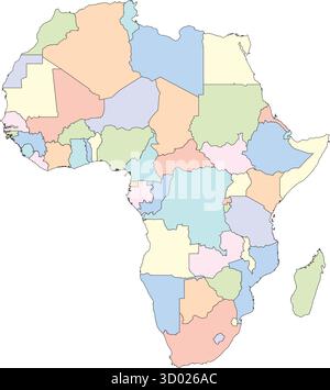 File vettoriale modificabile del continente africano, completo di paesi in colori diversi. Illustrazione Vettoriale