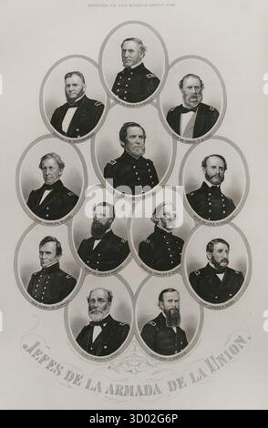 Stati Uniti. Guerra civile americana (1861-1865). Ufficiali navali dell'Unione. Dall'alto verso il basso e da sinistra a destra: Contrammiraglio David G. Farragut (1801 1811-1870), contrammiraglio Louis M. Goldsborough (1805-1877), contrammiraglio Samuel F. Du Pont (1803-1865), commodoro Charles Wilkes (1798-1877), contrammiraglio Andrew H. Foote (1806-1863), contrammiraglio John A. Dahlgren (1809-1877), capitano Henry W. Morris (1806-1863), retroammiraglio Charles Woroggard (1806-1877), capitano Charles (1861-1807), capitano Charles (1870), capitano Charles-1891-1813), capitano Charles---) Foto Stock