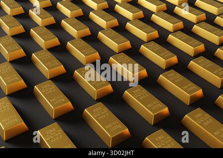 File di lingotti d'oro disposte alternativamente su uno sfondo nero. Illustrazione del concetto di aumento del prezzo dell'oro e del valore dei metalli preziosi Foto Stock