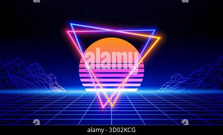 Sfondo astratto retrò futuristico. Poster in stile anni '80 Synthwave. Triangolo al neon, griglia laser 3d, sole, luna, montagna a reticolo. Modello musicale. Stellato Illustrazione Vettoriale