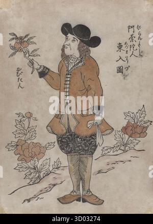 Oranda-jin azuma iri no zu (l'olandese entra nell'est). Mostra "Kapitein" (l'amministratore delegato dell'ufficio commerciale istituito in Giappone dalla compagnia olandese delle Indie Orientali (VOC) durante il periodo Edo), c1700, artista sconosciuto Foto Stock