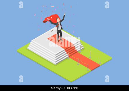 Illustrazione concettuale isometrica piatta 3D dell'uomo d'affari Super Hero, evento VIP, celebrazione di lusso Foto Stock