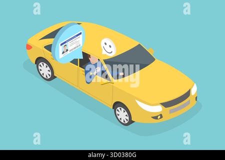 Illustrazione piatta isometrica 3D del superamento dell'esame del conducente, della patente di guida per auto illustrazione piatta isometrica 3D del superamento dell'esame del conducente, della patente di guida per auto Foto Stock