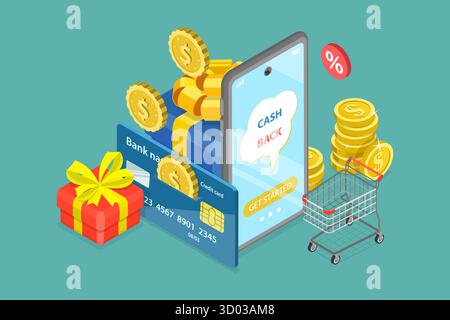 Illustrazione concettuale piatta isometrica 3D di Cashback, bonus o programma fedeltà Foto Stock