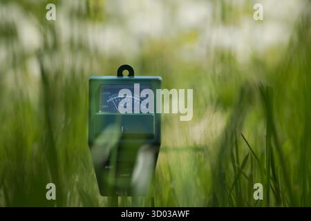 Misuratore di umidità del suolo, intensità luminosa e PH in primo piano, concetto di tecnologia agricola Foto Stock