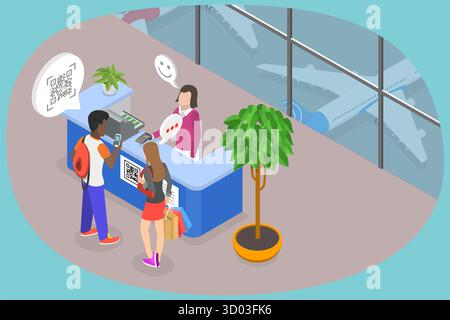 Illustrazione piatta isometrica 3D del check-in del codice QR, processo di verifica illustrazione piatta isometrica 3D del check-in del codice QR, processo di verifica Foto Stock