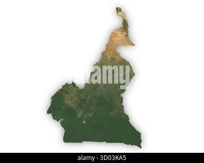 Mappa realistica del Camerun vista dallo spazio tagliata su sfondo bianco. Elementi di questa immagine forniti dall'ESA. Foto Stock