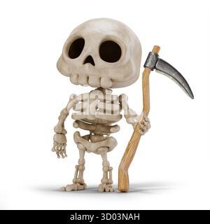 Scheletro carino con illustrazione di rendering 3D scythe isolata su sfondo bianco Foto Stock