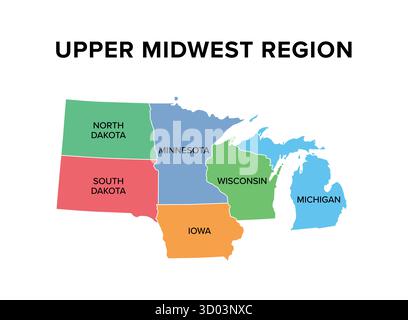 Upper Midwest, regione degli Stati Uniti, mappa. Subregione settentrionale degli Stati Uniti Midwest. Foto Stock
