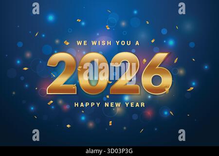 Felice anno nuovo 2026 sfondo blu con luci festive e scintille. Banner di buon anno con numeri Gold Luxury. Bokeh Holiday Festive Blue 2026 Illustrazione Vettoriale