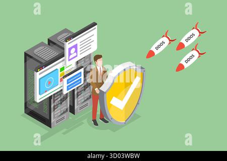 Illustrazione concettuale piatta isometrica 3D di attacchi DDoS, attacchi di hacker al server o al database Foto Stock