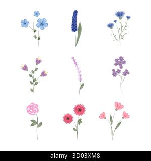Viene visualizzato un set di vari fiori di acquerello. Le delicate illustrazioni includono rose, lavanda e altri fiori, perfetti per la natura e per i disegni a tema ambientale. Illustrazione Vettoriale