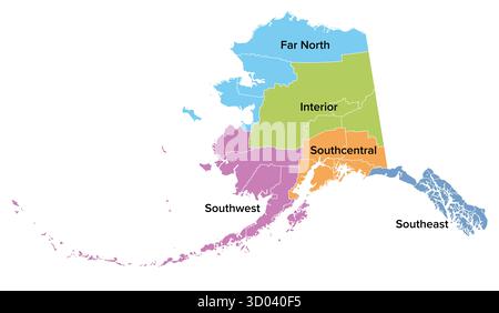 Stato dell'Alaska, regioni, Stati Uniti, mappa politica multicolore. Estremo nord o Alaska artica, interno, sud-ovest, sud-est. Foto Stock