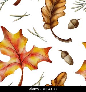 Motivi autunnali senza cuciture di foglie di acero e quercia, con ghiande, ramoscelli e aghi di pino che simboleggiano la caduta delle foglie, la raccolta e l'appassimento della natura Foto Stock