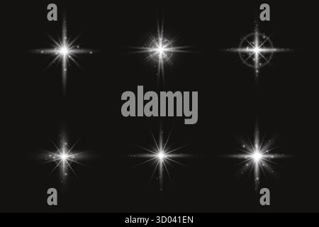 Stelle bianche brillanti con luci soffuse. Brillanti brillanti brillanti effetti di luce su sfondo nero, brillanti riflessi dell'obiettivo e raffiche brillanti Illustrazione Vettoriale