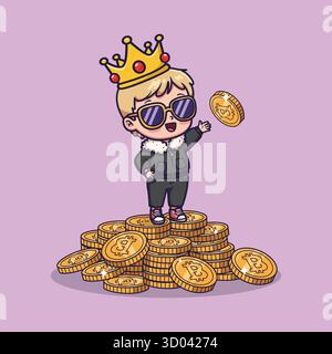 Simpatico re cripto che tiene Bitcoin su pile di monete – illustrazione vettoriale Foto Stock