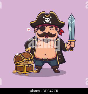 Carino pirata con spada e forziere pieno d'oro – illustrazione vettoriale Foto Stock