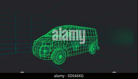 Visualizzazione della rotazione del furgone wireframe verde neon nello spazio 3D virtuale, con guide delle linee della griglia Foto Stock