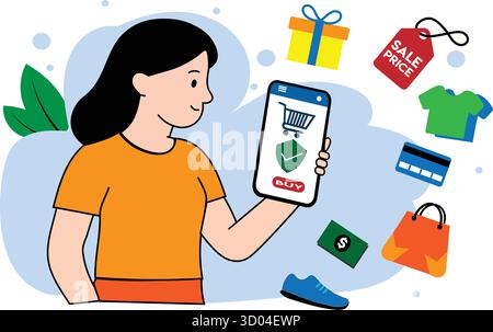 Illustrazione dello shopping online | donna che utilizza lo smartphone per e-commerce, pagamento digitale, vendita, sconto, acquisto di app mobili, transazione sicura Illustrazione Vettoriale