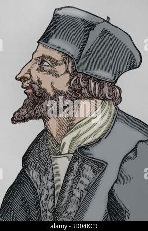 Jan Hus (1369-1415). Teologo e filosofo ceco. Il riformatore scomunicò nel 1410 per aver propagato le dottrine di Wycliffe. Nel 1414 partecipò al Concilio di Costanza, dove fu processato e condannato al rogo come eretico. Questo scatenò la rivolta hussita (1419-1434), antecedente alle guerre di religione. Verticale. Incisione. "Vie Militaire et Religieuse au Moyen Age et à l'Epoque de la Renaissance". Parigi, 1877. Colorato. Foto Stock