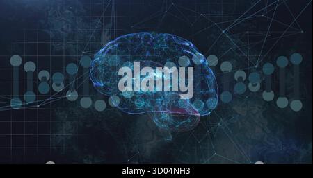 Visualizzazione dell'ologramma luminoso del cervello che si libra nell'interfaccia scientifica, con grafica a elica del DNA Foto Stock