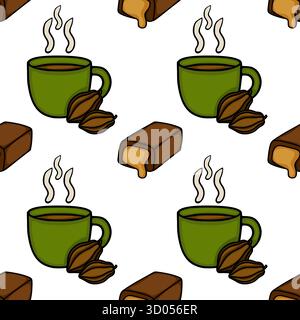 Affascinante motivo vettoriale senza cuciture con tazze di caffè, chicchi di cacao e barrette di cioccolato, perfetto per i temi culinari. Illustrazione Vettoriale
