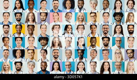 Gruppo diversificato di professionisti del settore sanitario che collaborano in un ambiente collage vibrante Foto Stock