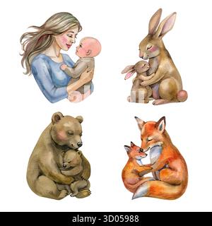 Set di illustrazioni per la Festa della mamma con simpatiche illustrazioni ad acquerello alla moda di mamma e bambino. Modelli per la festa della mamma per poster, copertina e banner. Foto Stock