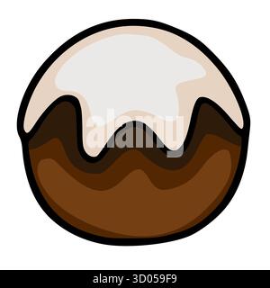 Un'affascinante illustrazione vettoriale di una torta al cioccolato rotonda con glassa bianca, caratterizzata da tonalità marroni lisce e a strati e da un audace contorno nero. Illustrazione Vettoriale