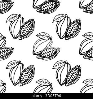 Motivo vettoriale senza cuciture di cialde e foglie di cacao stilizzate in uno stile minimalista in bianco e nero, che evoca un'atmosfera naturale e organica. Illustrazione Vettoriale