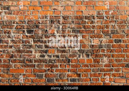 Primo piano di una vecchia parete di mattoni rossi con texture visibili e dettagli intemprati. Perfetto per lo sfondo o il concetto architettonico. Foto Stock