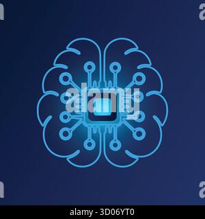 L'immagine concettuale di un cervello umano si delinea con un chip a circuito integrato, raffigurante l'intelligenza artificiale e il pensiero computazionale. Illustrazione Vettoriale