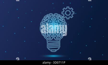 Innovazione del vettore di lampadine Brain Gear idea progettazione di problem solving. Scienza cognitiva tecnologia brainstorming pensiero Illustrazione Vettoriale