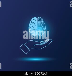 Il cervello digitale in mano simboleggia l'intelligenza artificiale e la connessione uomo-tecnologia. Illustrazione del circuito stampato del cervello su sfondo blu scuro. Illustrazione Vettoriale