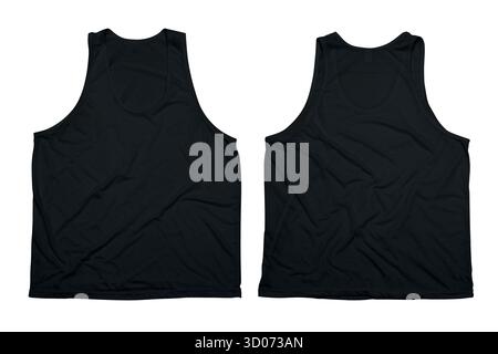 Canotta nera senza maniche con vista anteriore e posteriore isolata su sfondo bianco, adatta per design di abbigliamento, presentazione di moda, mocku modello Foto Stock
