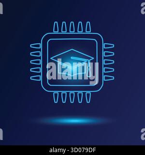 CPU per l'apprendimento automatico con graduazione luminosa su sfondo blu scuro. Tecnologia DI INTELLIGENZA ARTIFICIALE per sistemi intelligenti. Illustrazione Vettoriale