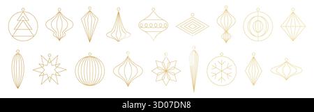 Set di palline natalizie, bauble geometrico dorato, ornamenti in linea Illustrazione Vettoriale