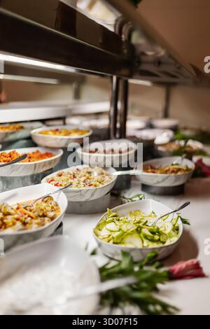 Varie ciotole piene di insalate colorate e contorni sono ordinate su un tavolo a buffet, che mostra ingredienti freschi e colori vivaci, invitanti Foto Stock