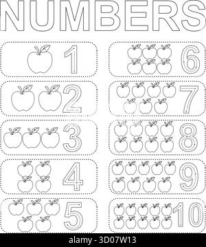 Foglio di lavoro didattico per la colorazione in bianco e nero per i numeri da uno a dieci con mele per la pratica di conteggio. Foglio di tracciatura con contorno di frutta del cartone animato e. Illustrazione Vettoriale