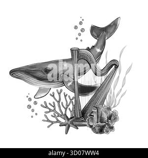Composizione grafica in bianco e nero con balena, arpa, coralli, stelle marine, alghe marine, e bolle su sfondo bianco. Perfetto per il design marino, il packaging, l'arredamento e le opere d'arte a tema subacqueo. Foto Stock