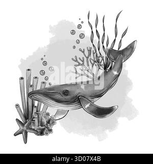 Composizione grafica in bianco e nero con balene, coralli, stelle marine, alghe marine, tubi, e bolle d'aria su sfondo bianco. Perfetto per design marino, packaging, arredamento e progetti a tema subacqueo. Foto Stock