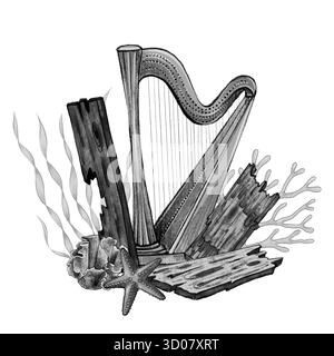 Composizione grafica in bianco e nero con arpa, coralli, alghe marine, stelle marine e tavole di legno rotte su sfondo bianco. Perfetto per il design marino, il packaging, l'arredamento e le opere d'arte a tema subacqueo. Foto Stock